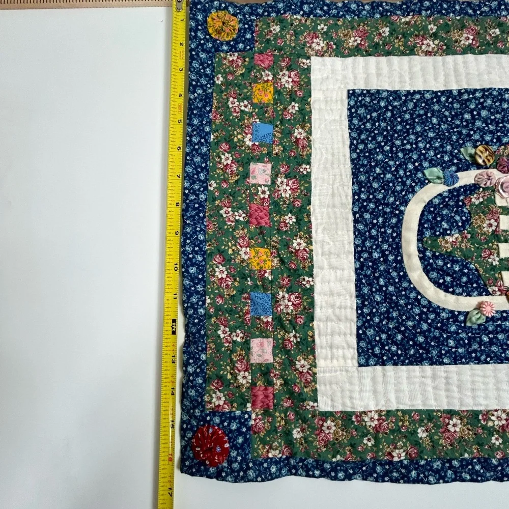 Cottagecore Flower Basket with Buttons Handmade Quilted Fabric Hanging Wall Art